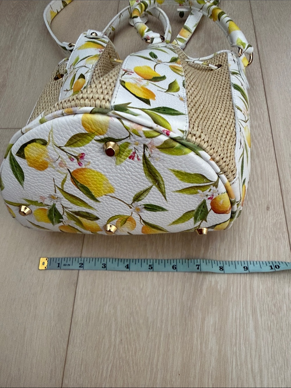 Valentina White Lemon-Print Bucket Shoulder Bag with Natural Straw Panels - Picture 7 of 16
